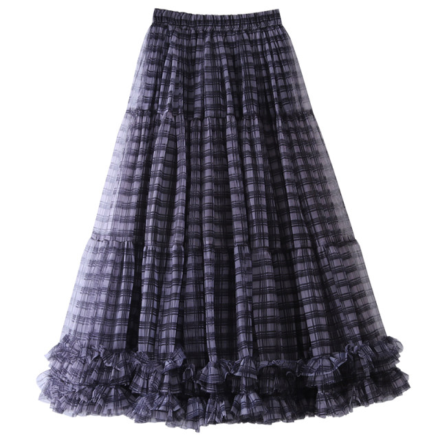 Dayichuang blue plaid mesh skirt women's sweet wooden ears spliced ​​with large styling dancing puff fairy gauze skirt long skirt