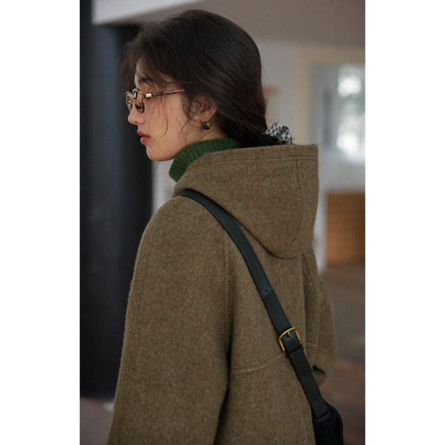Solighter French full wool herringbone hooded mid-length coat for women's new winter woolen jacket