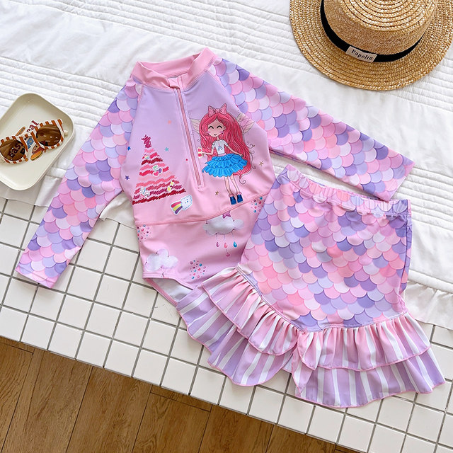 New children's swimsuit female conjoined swimwear split mermaid skirt small middle big girl long -sleeved swimsuit
