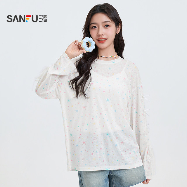 Sanfu Long Sleeve T-shirt 2025 new summer full-page pattern sunshade shirt girl age-reducing thin top women's clothing
