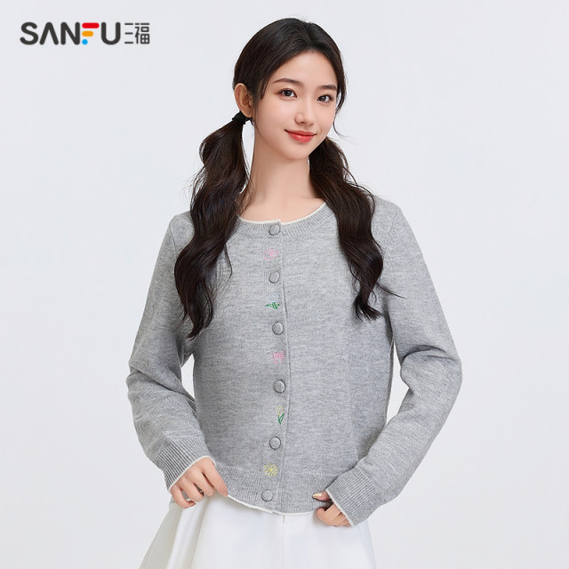 Sanfu Sweater Cardigan 2025 New Spring Embroidery Design Round Neck Fashion Small Top Women 497073