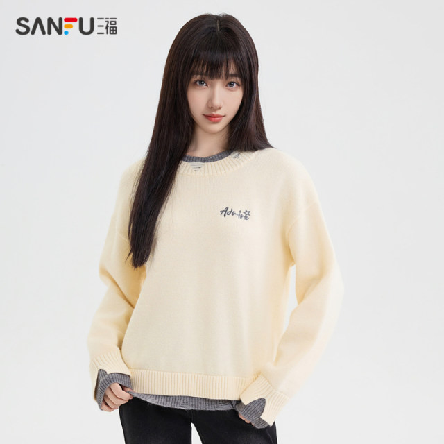 Sanfu pullover sweater for women 2025 spring design contrast color fake two-piece fashion red top women's clothing 494590