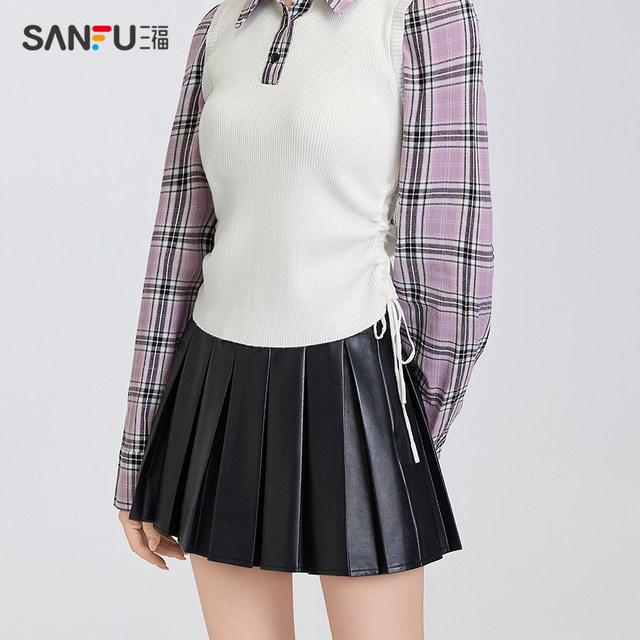 Sanfu Sweater 2025 new spring design fake two-piece slim plaid short top women's clothing 496697

