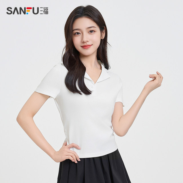 Sanfu short T-shirt 2025 summer simple temperament wrinkled lapel fitting women's clothing 498596
