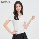 Sanfu short T-shirt 2025 summer simple temperament wrinkled lapel fitting women's clothing 498596
