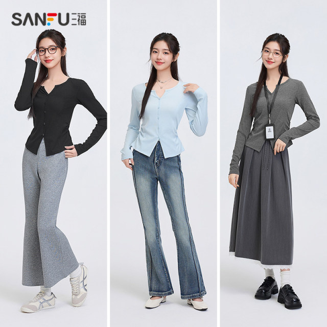 Sanfu black T-shirt 2025 new spring small V-neck design pleated waist long-sleeved top women's clothing 495678