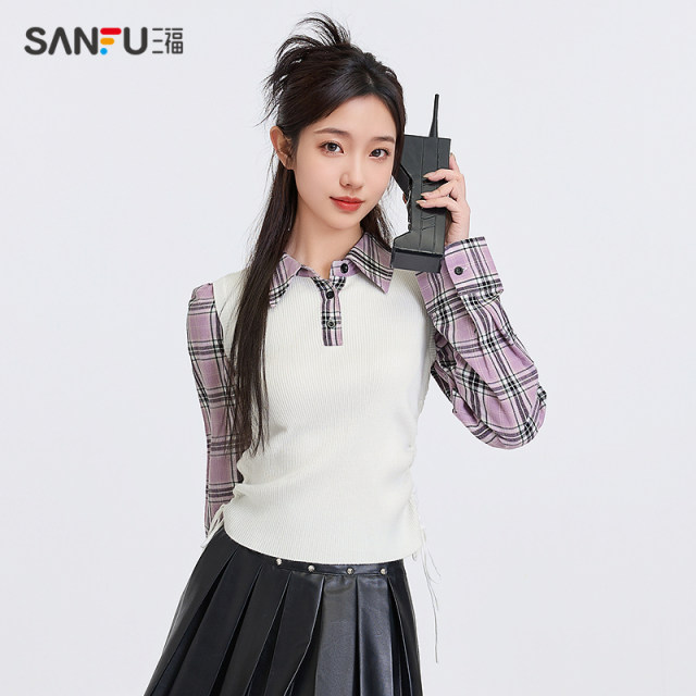 Sanfu Sweater 2025 new spring design fake two-piece slim plaid short top women's clothing 496697
