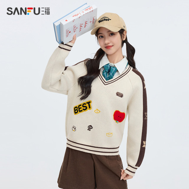 Sanfu sweater 2025 new spring interesting pattern striped V-neck casual petite tops for women 496394