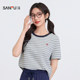 Sanfu short-sleeved women's 2025 new summer embroidered round neck T-shirt striped casual simple top women's clothing 495817
