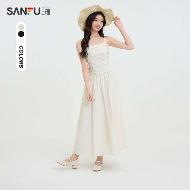 Sanfu Dress 2025 Summer Simple Wrinkled Waist Scattered Vest Skirt Long Skirt Women's Clothing 498356
