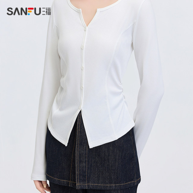 Sanfu black T-shirt 2025 new spring small V-neck design pleated waist long-sleeved top women's clothing 495678