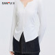 Sanfu black T-shirt 2025 new spring small V-neck design pleated waist long-sleeved top women's clothing 495678