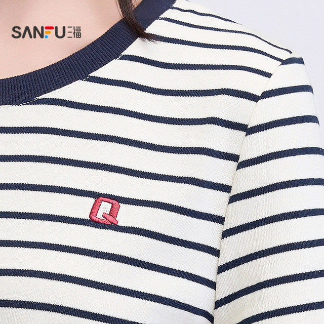 Sanfu short-sleeved women's 2025 new summer embroidered round neck T-shirt striped casual simple top women's clothing 495817

