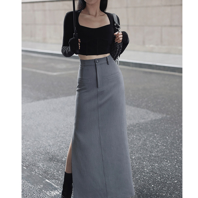 Pear-shaped figure plus size gray high-waisted hip suit half-length skirt for women slimming mm retro a-line straight skirt