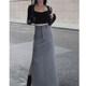 Pear-shaped figure plus size gray high-waisted hip suit half-length skirt for women slimming mm retro a-line straight skirt