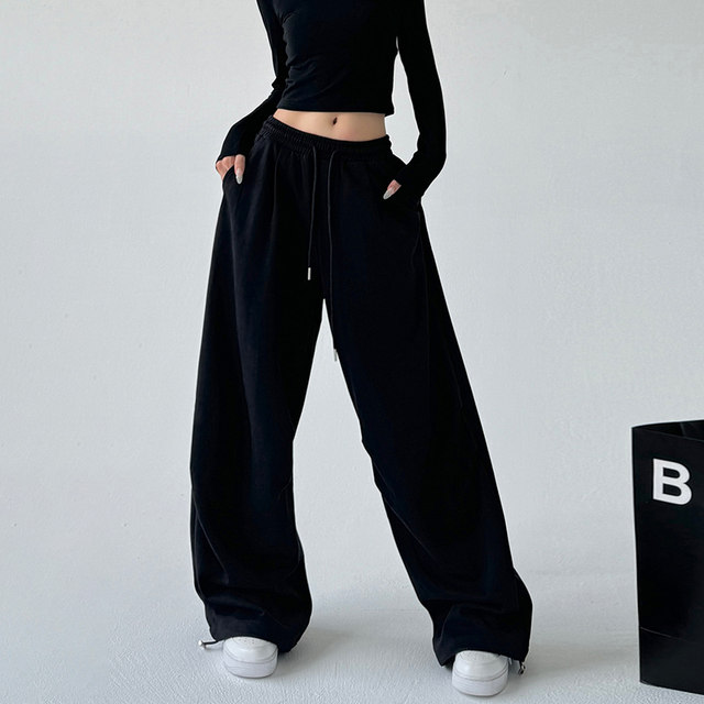 Black hoodies for women 2025 spring and autumn ties hipphop work clothes wide-leg casual pants straight loose American sports pants