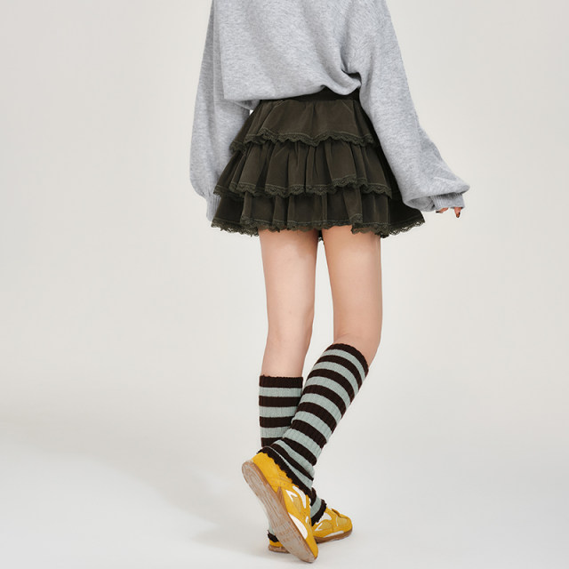 Girlhalo American retro cake skirt for women in autumn and winter new high-waisted lace-up three-layer puffy skirt skirt
