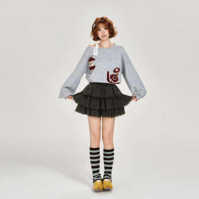 Girlhalo American retro cake skirt for women in autumn and winter new high-waisted lace-up three-layer puffy skirt skirt

