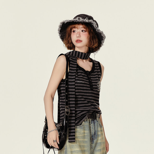 Girlhalo American retro hot girl suspender vest women summer striped star embroidered loose sleeveless top

