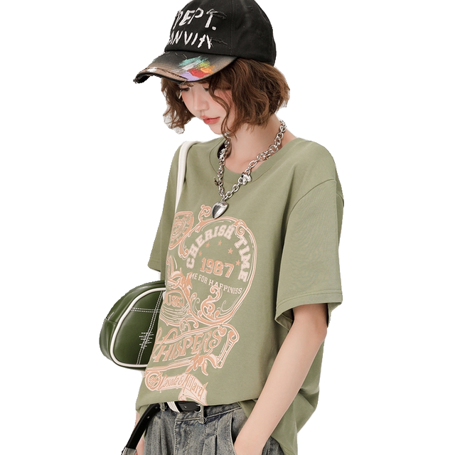 Girlhalo American retro green round neck short-sleeved T-shirt for women in summer loose casual white printed top

