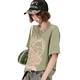 Girlhalo American retro green round neck short-sleeved T-shirt for women in summer loose casual white printed top
