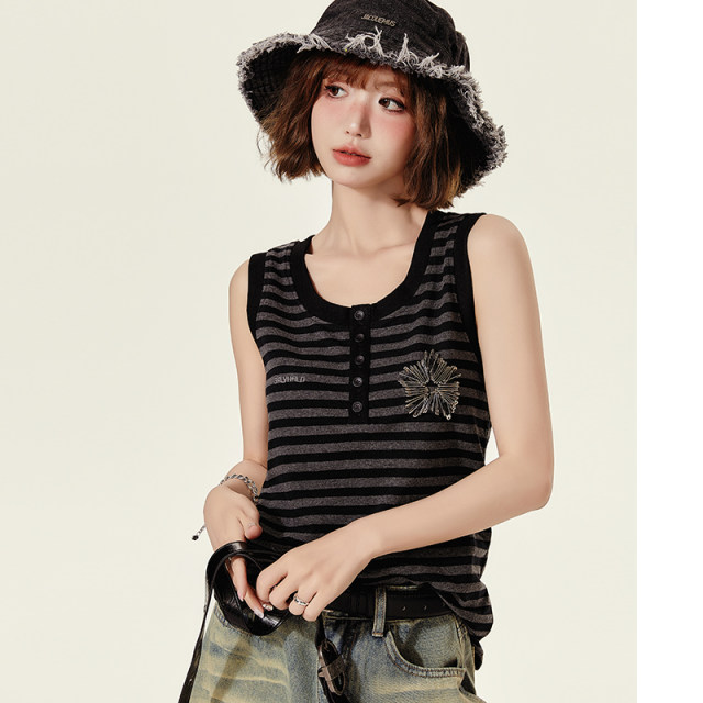 Girlhalo American retro hot girl suspender vest women summer striped star embroidered loose sleeveless top
