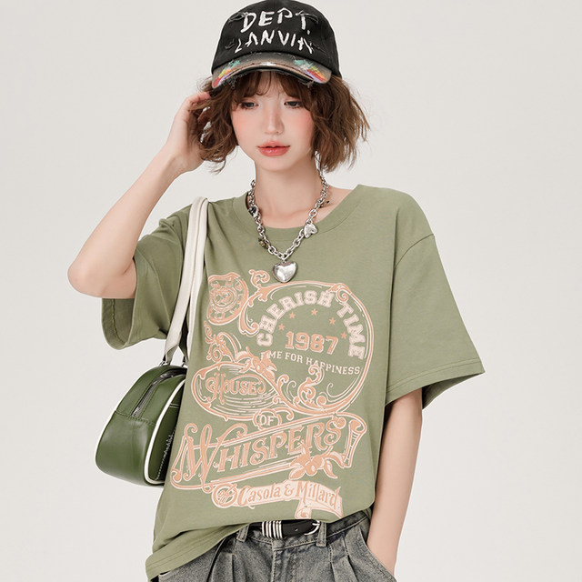 Girlhalo American retro green round neck short-sleeved T-shirt for women in summer loose casual white printed top

