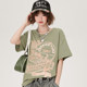 Girlhalo American retro green round neck short-sleeved T-shirt for women in summer loose casual white printed top
