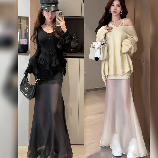 Mesh spliced ​​soft shadow fishtail skirt pleated hip high waist skirt internet celebrity hot 2025 spring and summer new skirt