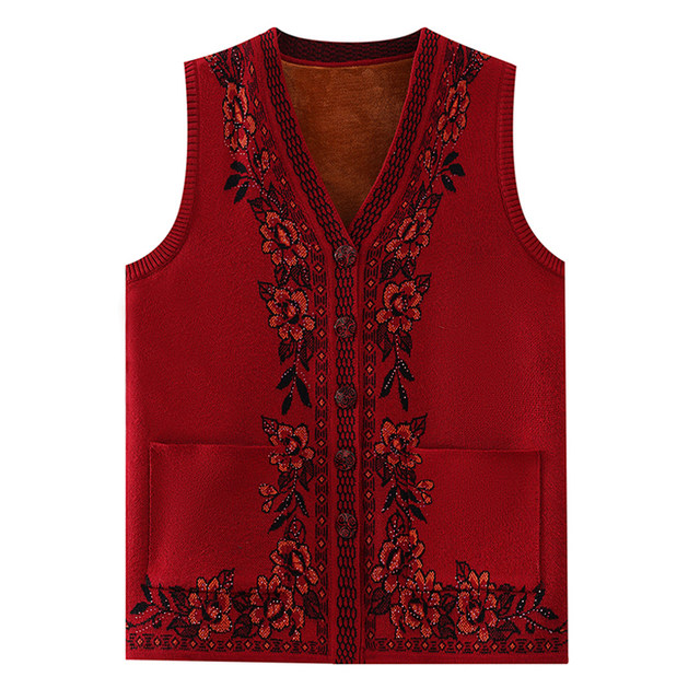 Middle-aged and elderly women's vest women's winter velvet thickened knitted warm vest old lady waistcoat grandma sweater cardigan