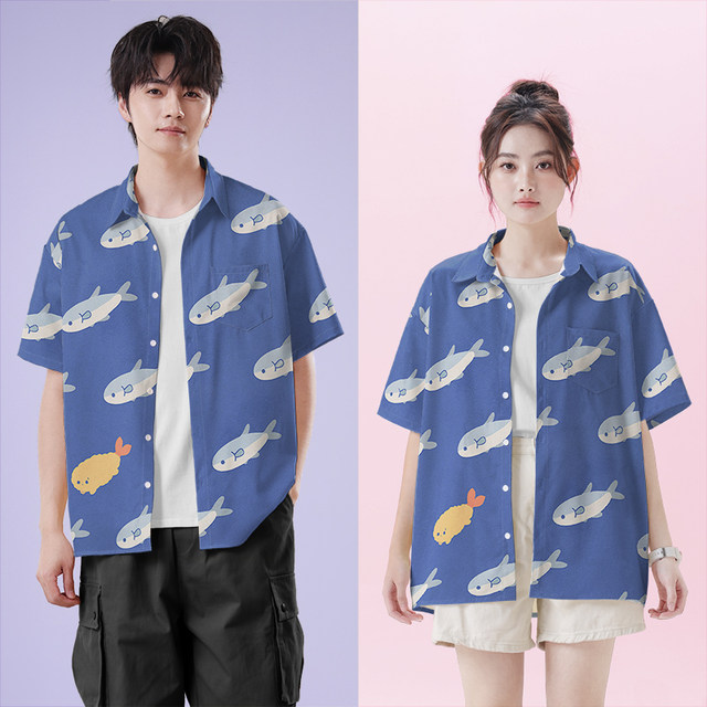 Small fish fried shrimp tempura Japanese cartoon illustration floral large size short-sleeved shirt men's and women's fashion design without boundaries