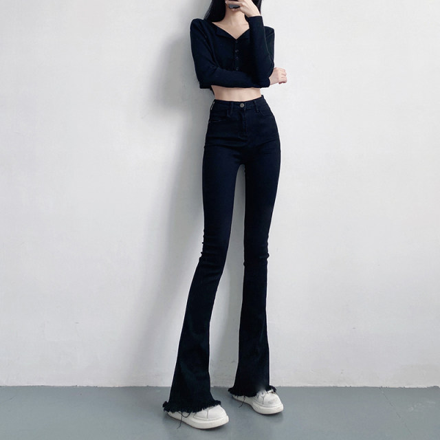High-waisted slimming tight elastic raw edge black micro-flared jeans for women autumn 175 tall floor-length mopping pants