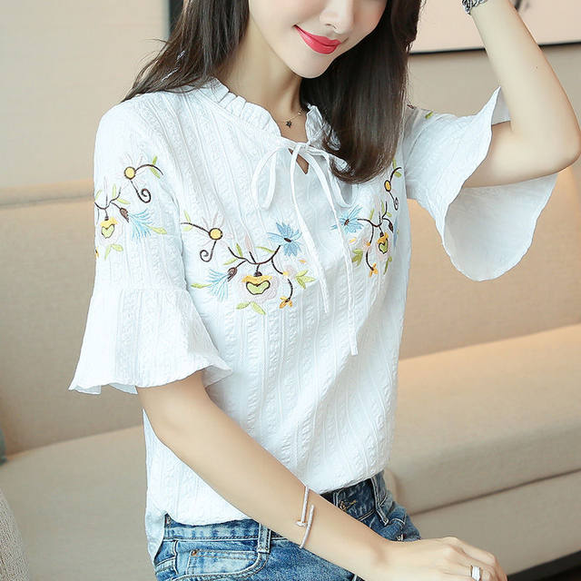 
Cotton ruffled short-sleeved shirt for women new summer V-neck embroidered bow top versatile shirt wholesale