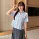 Blue lace striped waist design sense short -sleeved shirt, large size fat MM, thin shirt 63458 strong women's clothing

