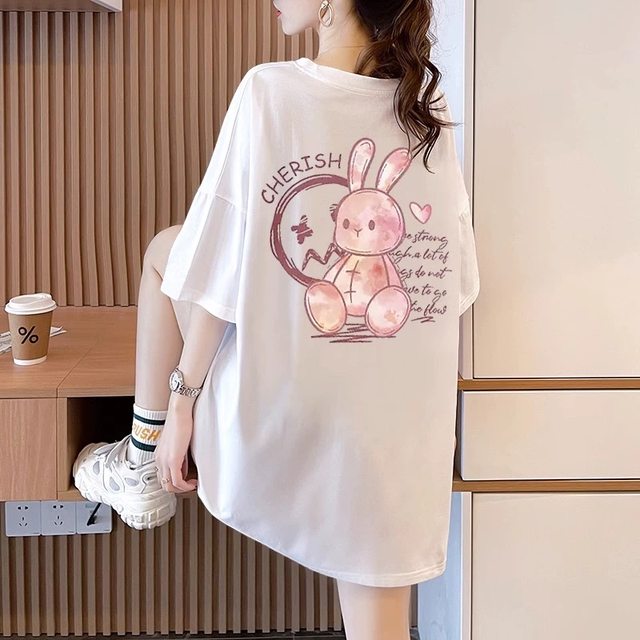Pink T -shirt Female short -sleeved rabbit pattern pure cotton loose, cute top 2024 summer new niche tide