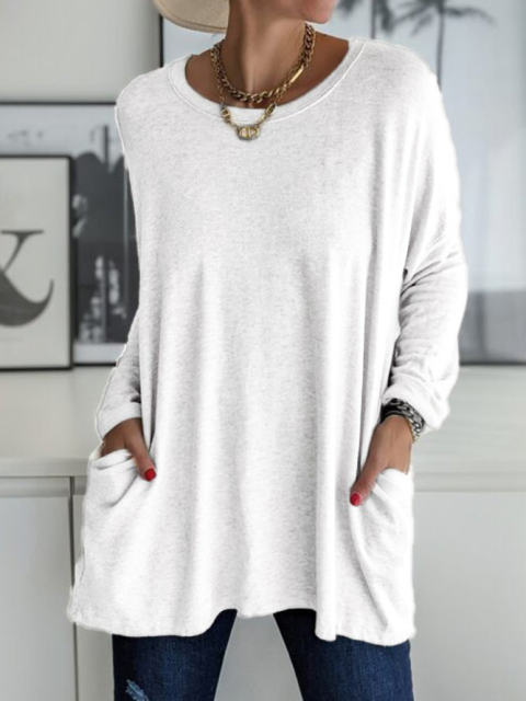 ebay Amazon wish spring, autumn and winter new style European and American round neck long sleeve loose pocket solid color T-shirt casual women
