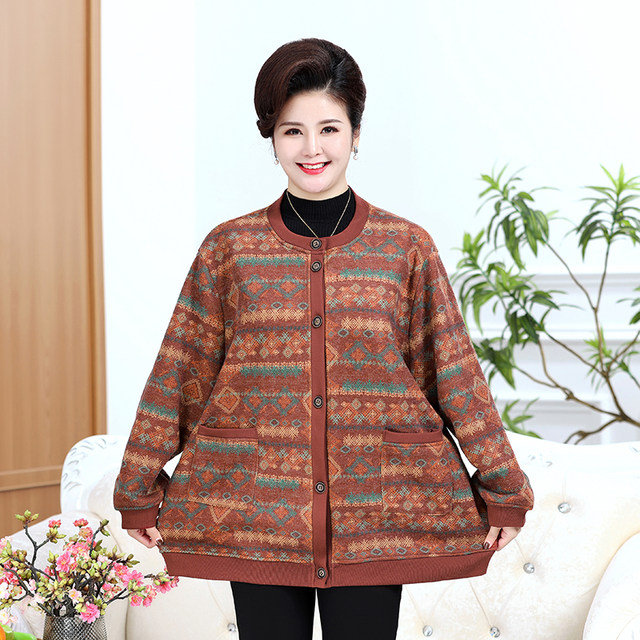 Fatty cardigan sweater for women's coat in autumn and winter, wearing a wool sweater for the elderly, plus velvet thickened mother, plus fat and larger size