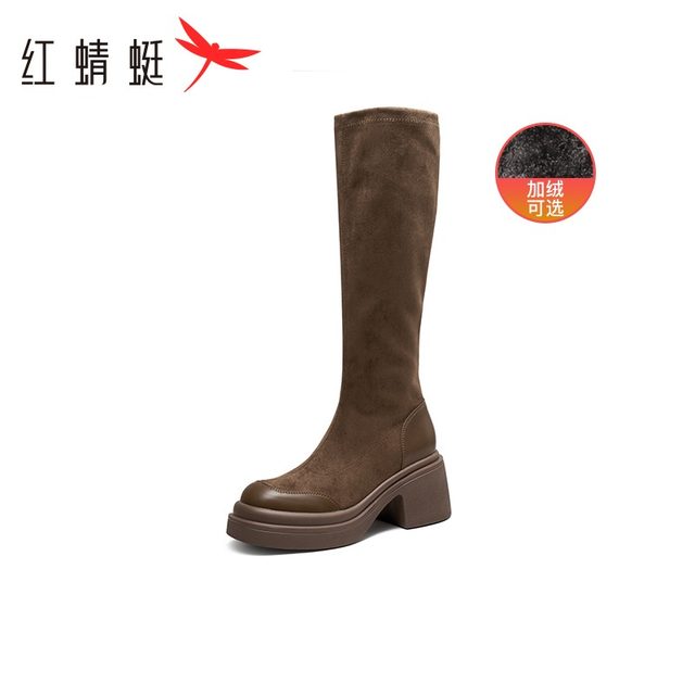 Red dragonfly long boots autumn and winter plus velvet elastic slim boots women's shoes thick sole thick heel high boots women retro trendy