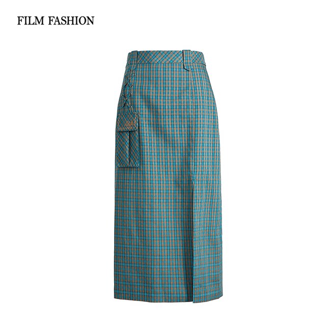
One movie and one fashion summer new retro high waist plaid straight slit skirt women's design sense niche
