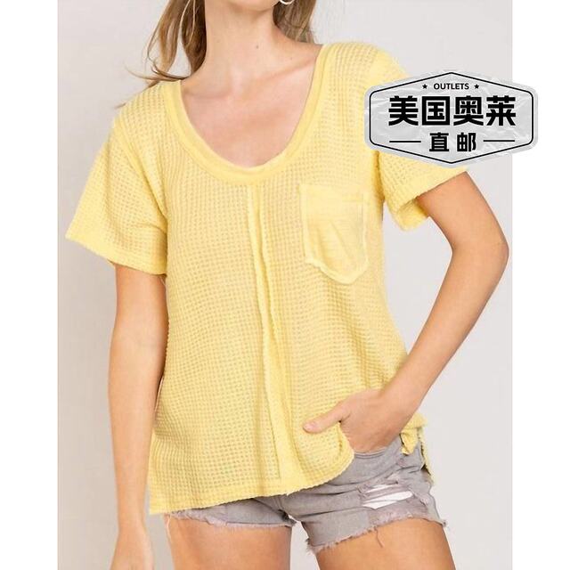 Self-operated pol yellow waffle pocket t-shirt - yellow straight hair
