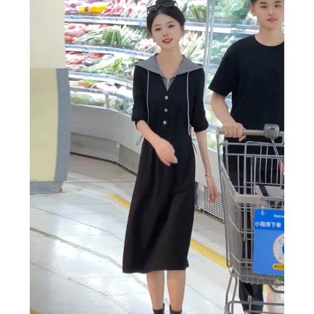 Autumn new women's fake two pieces of stitching long -sleeved dress women's casual temperament, waist, thin middle long skirt