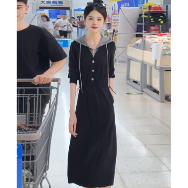 Autumn new women's fake two pieces of stitching long -sleeved dress women's casual temperament, waist, thin middle long skirt