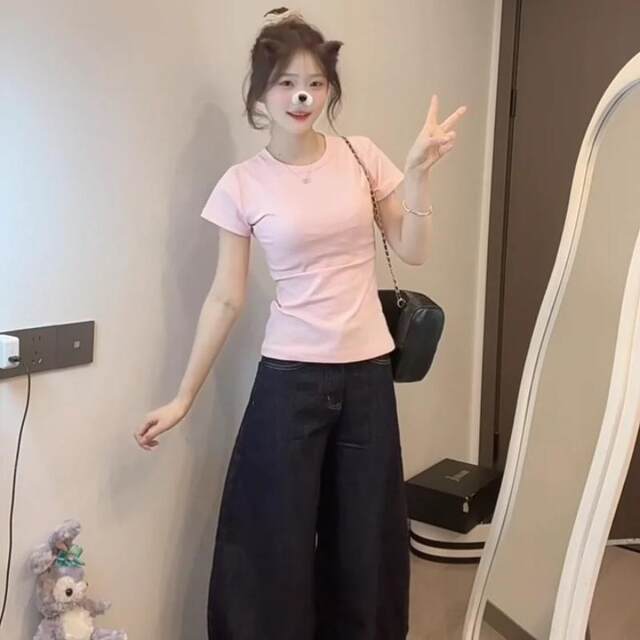 Korean pink front shoulder round neck short-sleeved T-shirt for women in summer 2025 new basic retro slim short top