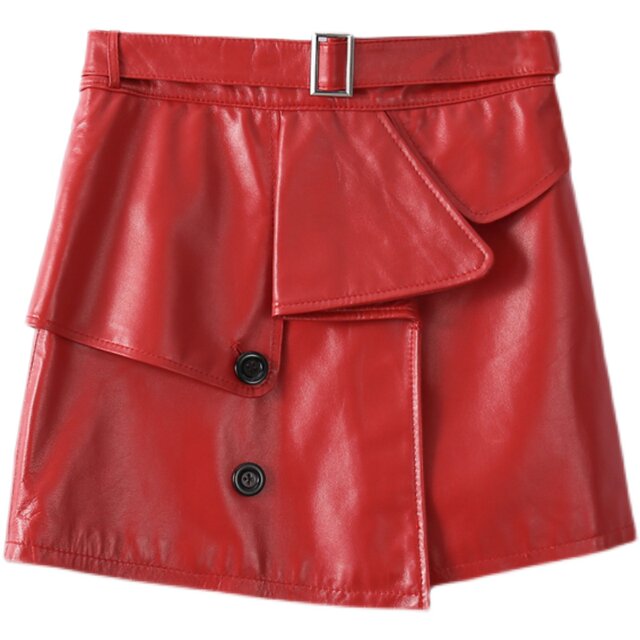 A-line skirt for women 25 autumn new genuine leather red leather skirt sheepskin high-waisted slim short skirt asymmetrical skirt