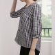 Retro black and white plaid shirt female medium long V -neck seven -point sleeve lantern sleeve sleeve sleeve jacket loose large size early autumn
