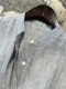 Exquisite slack feeling ~ round neck half-open sleeved grey blue woven striped A-spoke linen shirt top