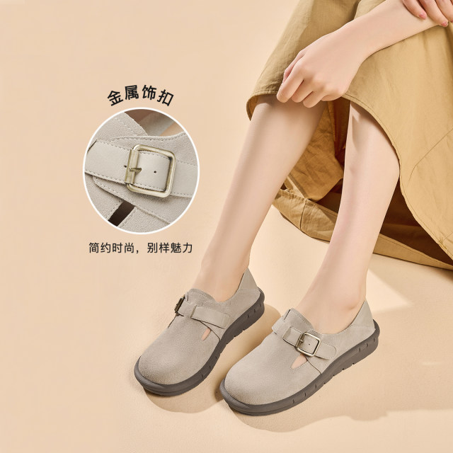 
Gomeki leather Birkenstock shoes for women 2025 spring new round toe retro flat sole one-foot heel half-tugging shoes