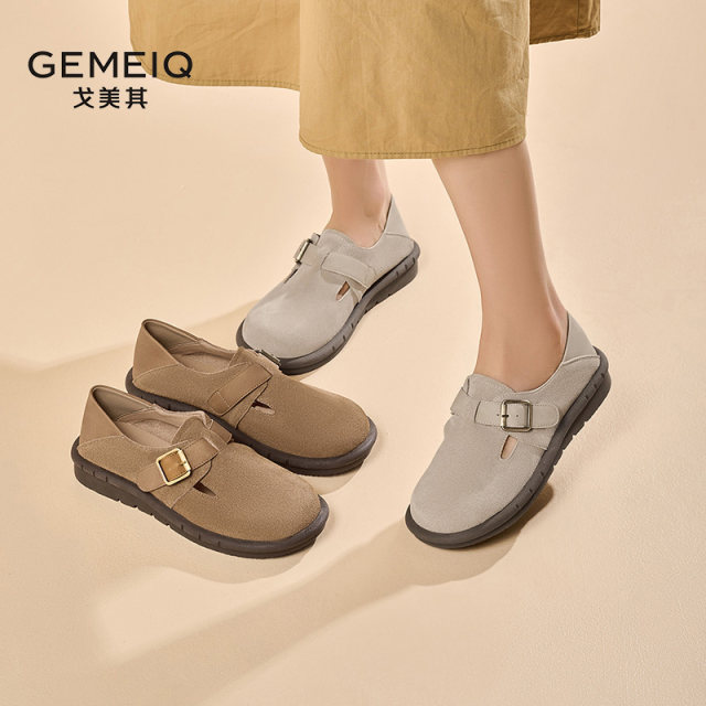 
Gomeki leather Birkenstock shoes for women 2025 spring new round toe retro flat sole one-foot heel half-tugging shoes