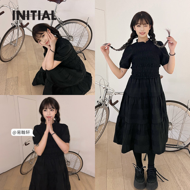 INITIAL25 spring lace collar waist loose short-sleeved doll skirt black dress for women