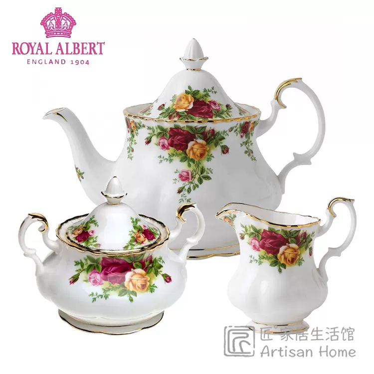 英国Royal Albert老镇玫瑰茶壶糖缸奶罐三件套乡村玫瑰茶壶咖啡壶-Taobao